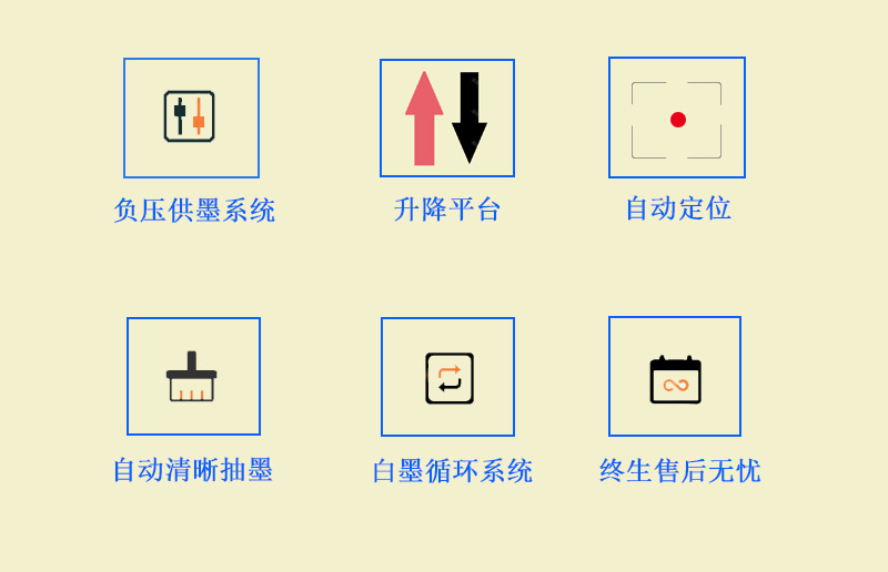 9060uv萬能打印機采用的是負壓供墨系統(tǒng)，超強吸附平臺，噴頭加熱恒溫，自動清晰抽墨系統(tǒng)，白墨循環(huán)系統(tǒng)，以及終生售后無憂